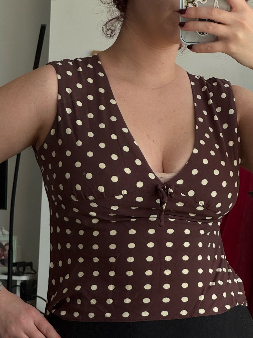 Polka Dot V-Neck Tie Front Blouse - Brown & Cream